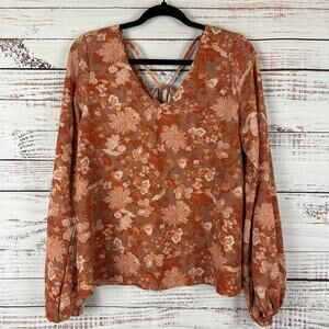 Womens Daytrip V Neck Orange Cream Floral Boho Flowy Blouse Career Casual Sz M